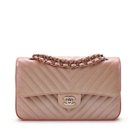 Chanel Iridescent Rose Gold Chevron Quilted Caviar Medium 